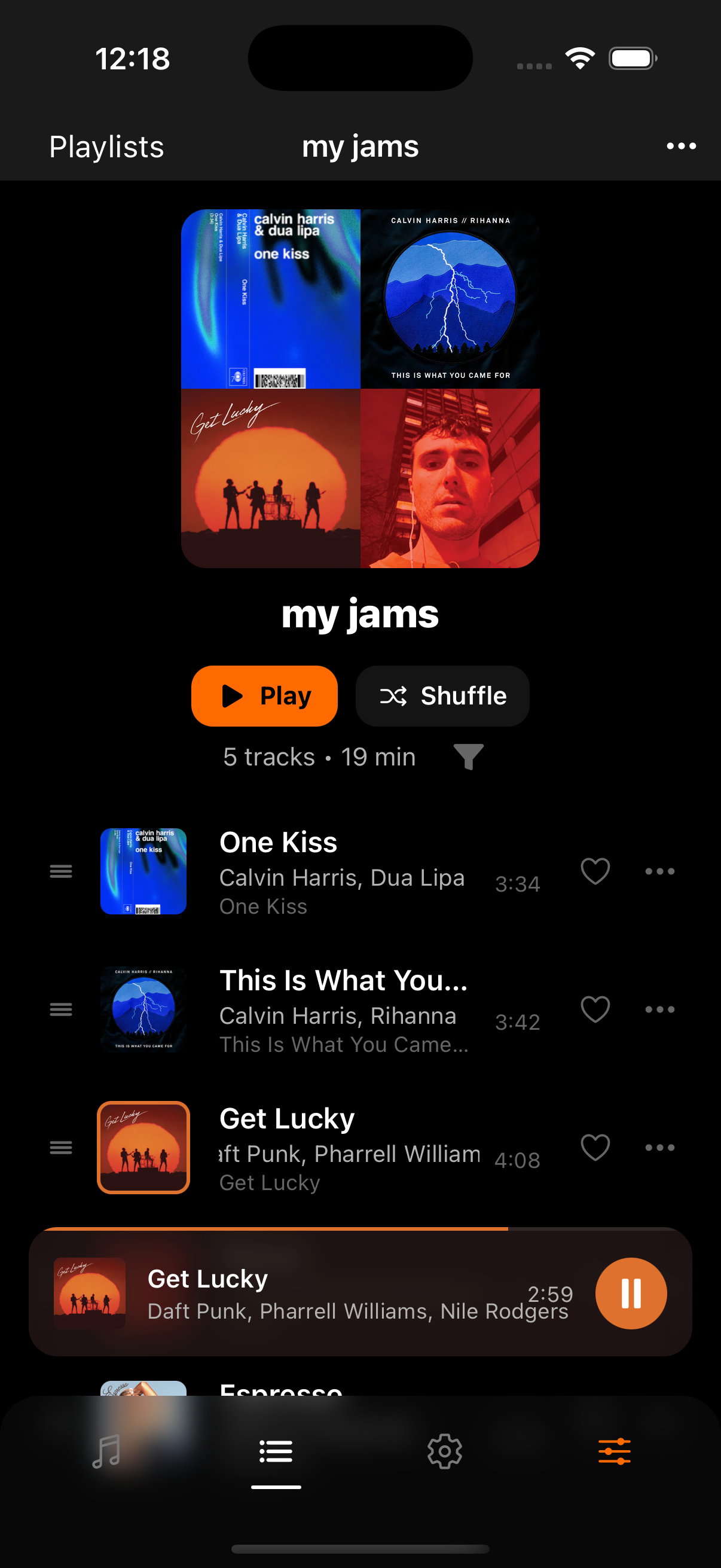 Playlists screen